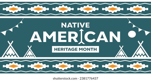 "Green background with a Native American Heritage Month theme, featuring Indian houses and the moon. Perfect for celebrating Native American Heritage Month, backgrounds, cards, banners and invitations