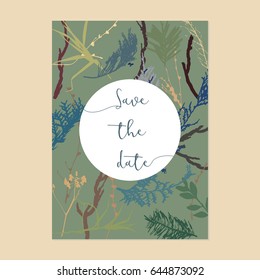 Green background with natural plant branches. Save the date text calligraphy vector 