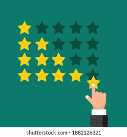 Green background One to Five star review. Professional hand has options to review from one to five star with green background. 