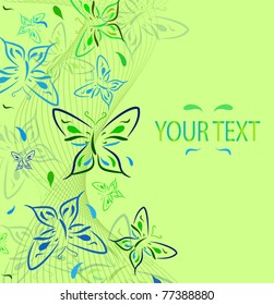 Green background with an ornament from butterflies and a place for text. Vector illustration