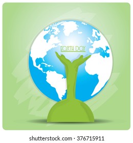 Green background with a pair of hands and our planet for Earth day