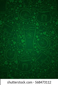 Green  background for Patricks day with beer mug, horseshoe, hat, pipe and shamrocks, vector illustration