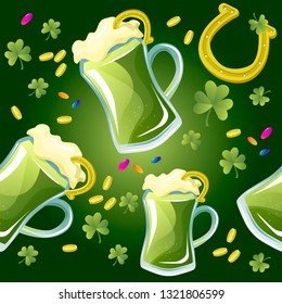 Green background for Patricks day with ber mug, horseshoe and shamrocks, vector illustration