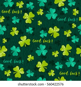 Green background for Patricks day with shamrock, vector illustration. Hand drawn decorative elements. 