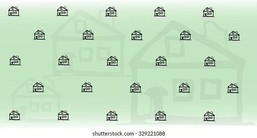 Green background with a pattern in the style of the sketch. House. Vector illustration.