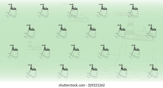 Green background with a pattern in the style of the sketch. Lighthouse.  Vector illustration.