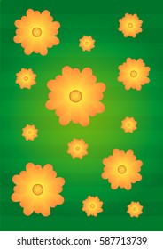green background with pattern of yellow-orange flowers