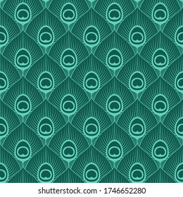 Green background with peacock feathers. Seamless pattern.