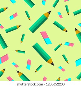 green background pencil and eraser seamless pattern