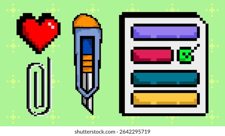Fundo verde com ícones de pixel de coração vermelho, lâmina de utilidade, clipe de papel e lista de verificação colorida para planejamento criativo e ferramentas de organização divertidas. Conceito de paletas de ferramentas de software de design