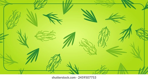 Green background with plant ornament. Template design for banner, greeting card, flyer, brochure, social media. Spring and summer design