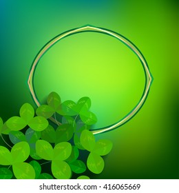 Green background with green plants and frame. Illustration of leaves of clover.