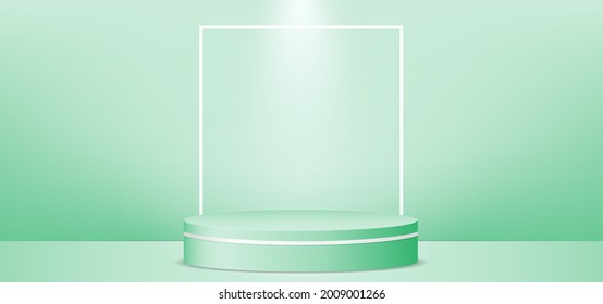 Green background with podium and white border. Background studio for product shoot with lighting