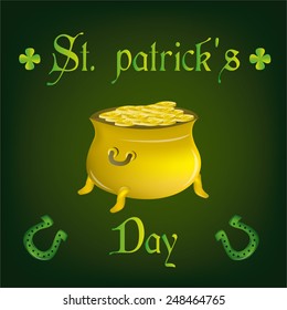 a green background with a pot of golden coins, text, clovers and horseshoes