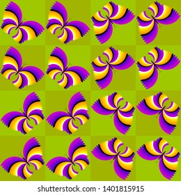 Green background with purple butterflies. Spin illusion. Seamless pattern.