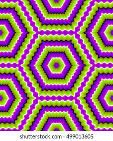 Green background with purple hexagons (motion illusion). Seamless pattern.
