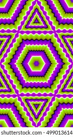 Green background with purple hexagons and triangles (motion illusion). Seamless pattern.