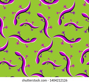 Green background with purple lizards. Motion illusion. Seamless pattern.