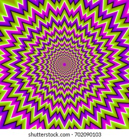 Green background with purple and pink spiral. Optical expansion illusion.