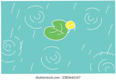 Green background with rain drops. Water lily. Vector, eps