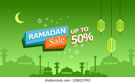 Green background Ramadan Sale, web header or banner design with crescent moon and flat 50% off offers on mosque pattern background. - Vector