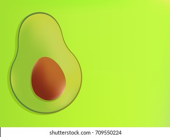Green Background with realistic avocado and place for text. Banner. Vector flat illustration