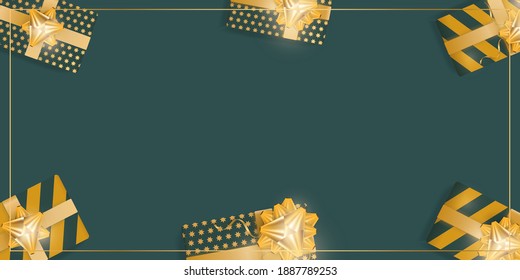 Grüner Hintergrund mit realistischen Geschenkbox mit goldenen Bändern und Bögen. Von oben anzeigen. Banner mit Platz für Text. Vektorgrafik.