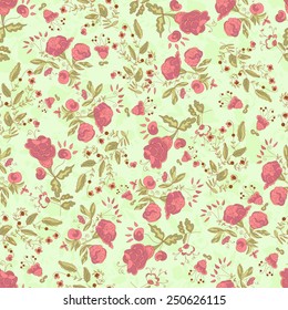 Green background with red flowers. Seamless. doodle.