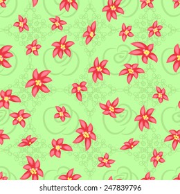 Green background with red small flowers.