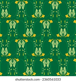 green background with repeated yellow flower pattern