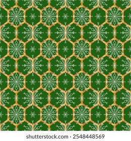  um fundo verde com um padrão geométrico repetitivo de flocos de neve brancos fechados em formas hexagonais de ouro, criando um design festivo e elegante. Vetor padrão sem emenda para o festival de Natal.