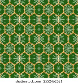  um fundo verde com um padrão geométrico repetitivo de flocos de neve brancos fechados em formas hexagonais de ouro, criando um design festivo e elegante. Vetor padrão sem emenda para o festival de Natal.