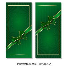 Green background with ribbon and bow for festive events. Set of vector green flyers for St. Patrick's Day. Green retro background with red ribbon and bow.
