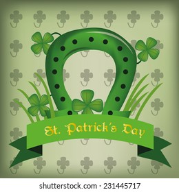 a green background with a ribbon with text, a horseshoe and clovers for patrick's day