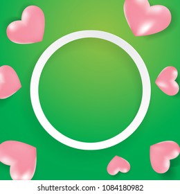Green background and round white ring frame paper cut out style with 3D hearts template greeting card or advertising poster design illustration vector