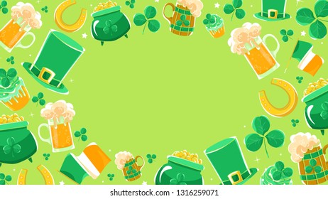 Green background Saint Patricks Day. Green silk hat, flag Ireland, pot of gold coins, shamrocks, horseshoe and beer stein. 