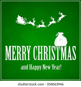 Green background with Santa, reindeers and a sack on the letters, illustration.