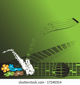 Green background with saxophone shape, musical notes, flowers and abstract piano keyboard