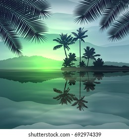 Green background with sea and palm trees at night. EPS10 vector.