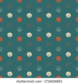 Green background shells and coral seamless pattern endless print