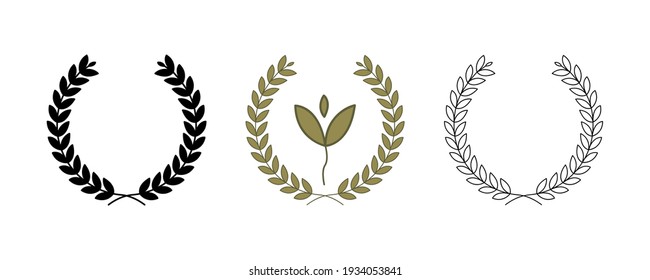 Green background, silhouette, circular bay leaf and a trophy, heraldry wreath. Collection of wreaths depicting success, victory, crown, winner, ornate, vector icon illustration. svg