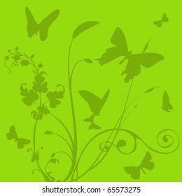 Green background with silhouettes flutter of the butterflies