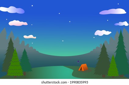 Green background in simple geometric form. Camping tent with bird colibri at night forest landscape. Nature tourism. Vector illustration.