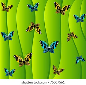 Green background with small butterflies. Vector