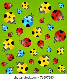 Green background with small ladybug. Vector