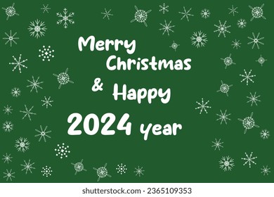 Green background Snowflakes Celebration typography poster banner greeting card Vector Illustration text Merry Christmas 2024 Year Dragon Invitation Winter Calendar journal notebook Calendar cover Joy