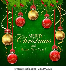 Green background with snowflakes, Christmas balls with red bow, tinsel, holly berry and fir tree branches, illustration.