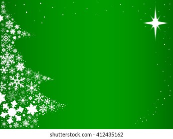 Green background with snowflakes in the form of a Christmas Tree.