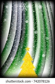 Green  background with snowflakes and snow for celebrating the Happy New Year and Christmas. Yellow Christmas tree. Abstract template for brochure, cover,  poster, flyer. Vector.  Banner in A4 size. 