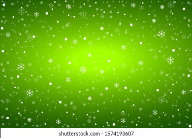 Fondo verde con copos de nieve. Ilustración vectorial de carteles, iconos, tarjetas de felicitación de Navidad, 